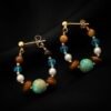 New Chinese retro tiger eye stone green pine earrings with multicolored glass pearls
